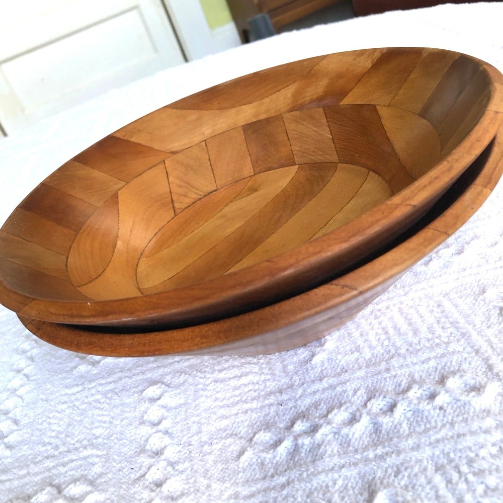 Vintage Segmented Wood Salad Bowls  Set of 2 (10") Mid‑Century Modern Serving